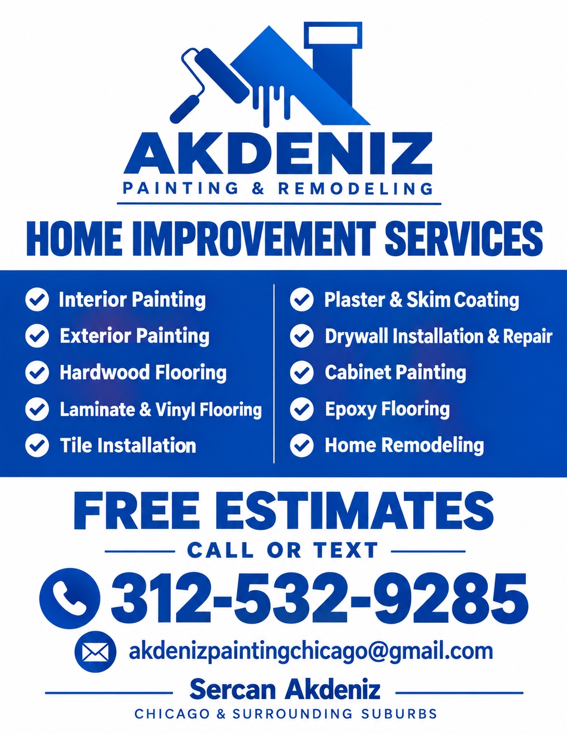 Akdeniz Painting and Remodeling services brochure with the original company logo and complete service list